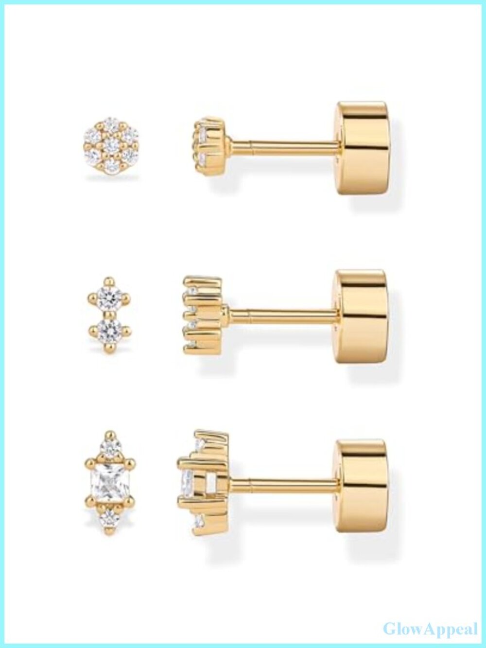 14K Gold Plated Flat Back Stud Earrings CZ Hypoallergenic Gift
